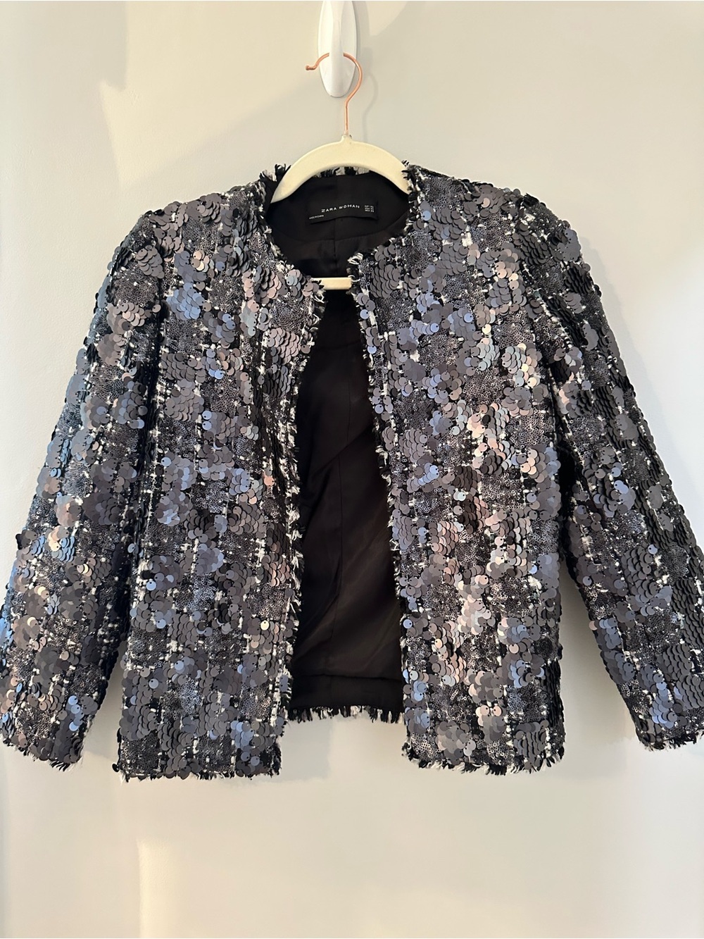 ZARA Black Metallic Sequin Tweed Open Front Fringe Jacket XS